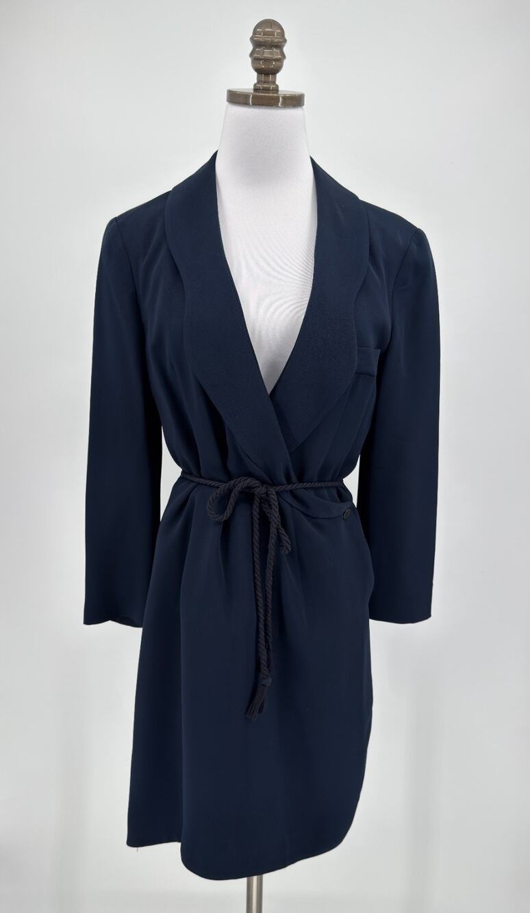 Vintage Giorgio Armani Navy Blue Collared Tie Waist Blazer Dress Sz US 8